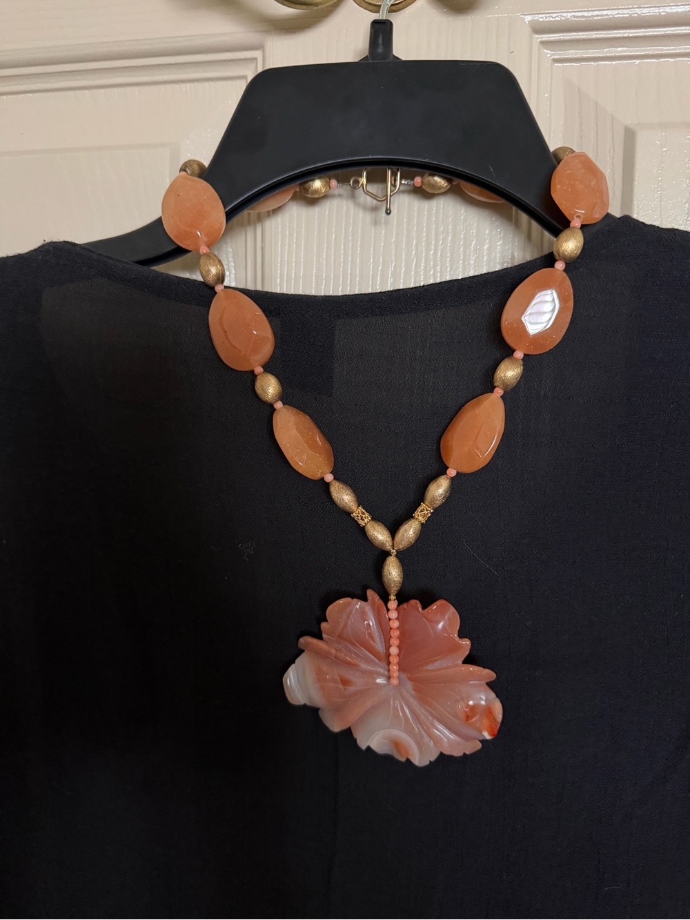 Hand-Carved Carnelian Leaf Pendant Necklace - Orange
